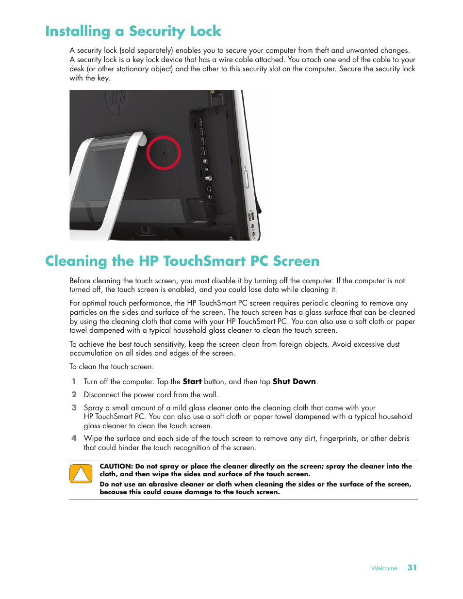 Installing a security lock, Cleaning the hp touchsmart pc screen | HP 575611-001 User Manual | Page 37 / 76
