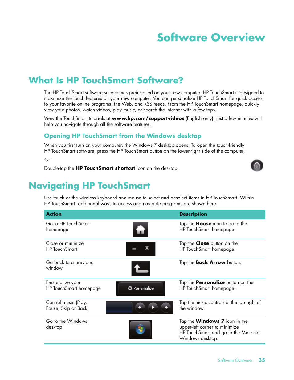 Software overview, What is hp touchsmart software, Navigating hp touchsmart | HP 575611-001 User Manual | Page 41 / 76