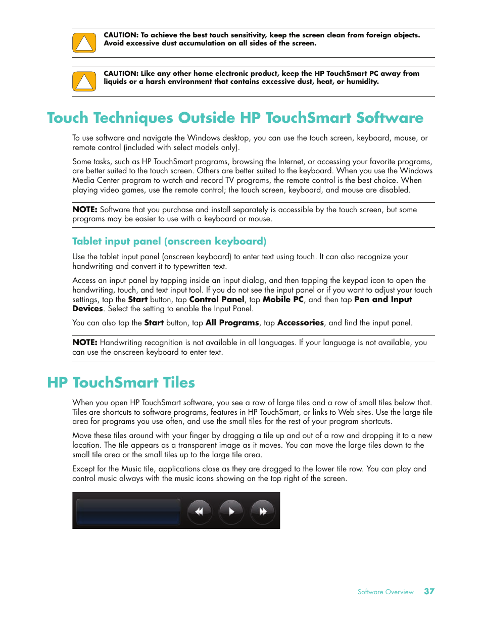 Touch techniques outside hp touchsmart software, Hp touchsmart tiles | HP 575611-001 User Manual | Page 43 / 76