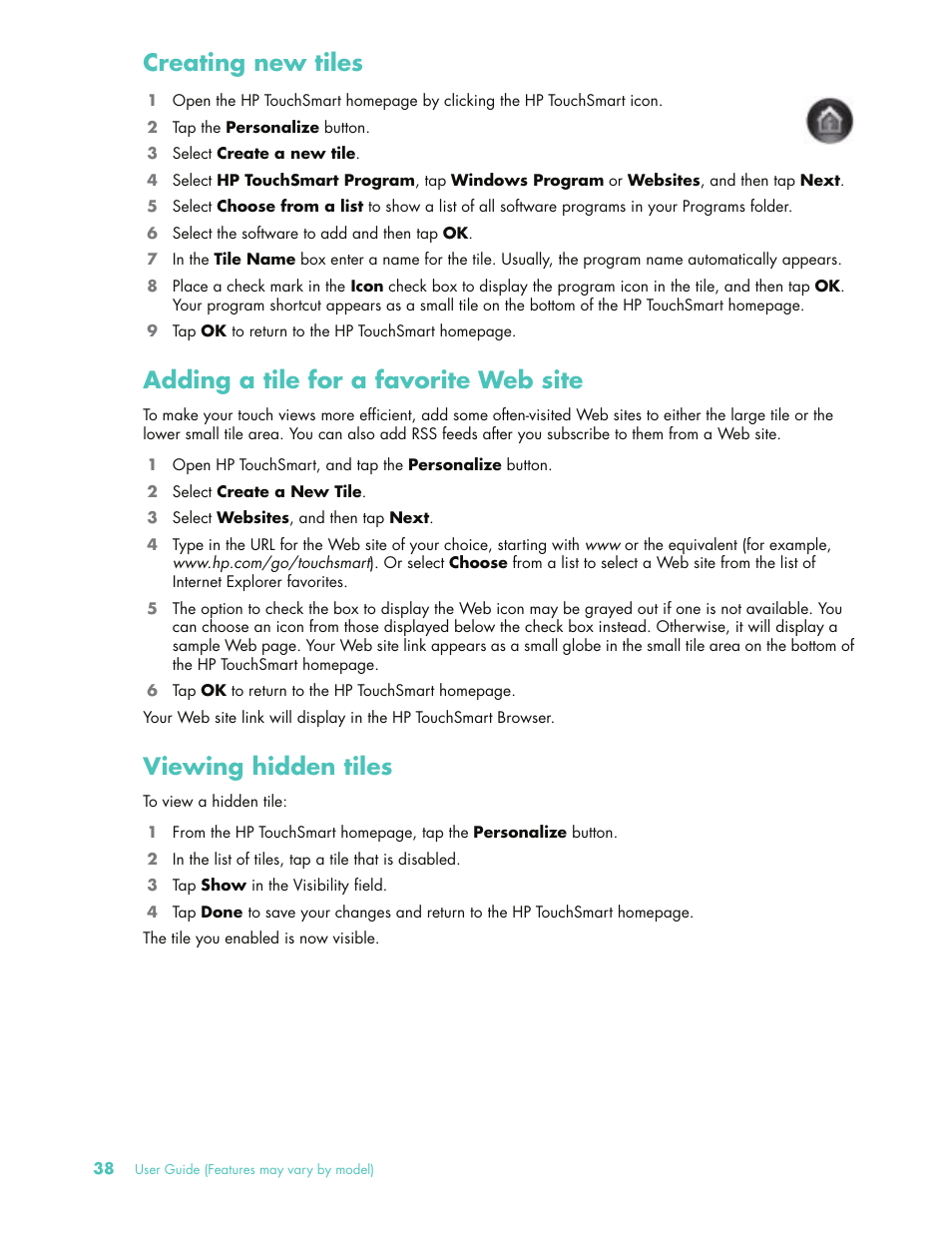 Creating new tiles, Adding a tile for a favorite web site, Viewing hidden tiles | HP 575611-001 User Manual | Page 44 / 76
