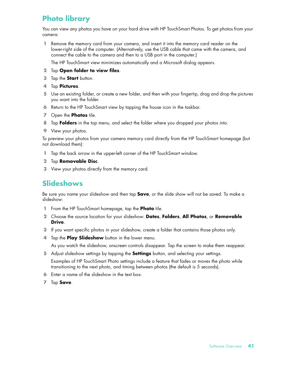 Photo library, Slideshows, Photo library slideshows | HP 575611-001 User Manual | Page 47 / 76