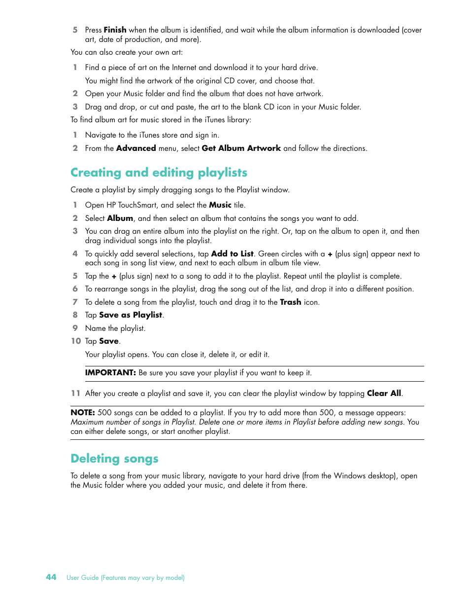Creating and editing playlists, Deleting songs, Creating and editing playlists deleting songs | HP 575611-001 User Manual | Page 50 / 76