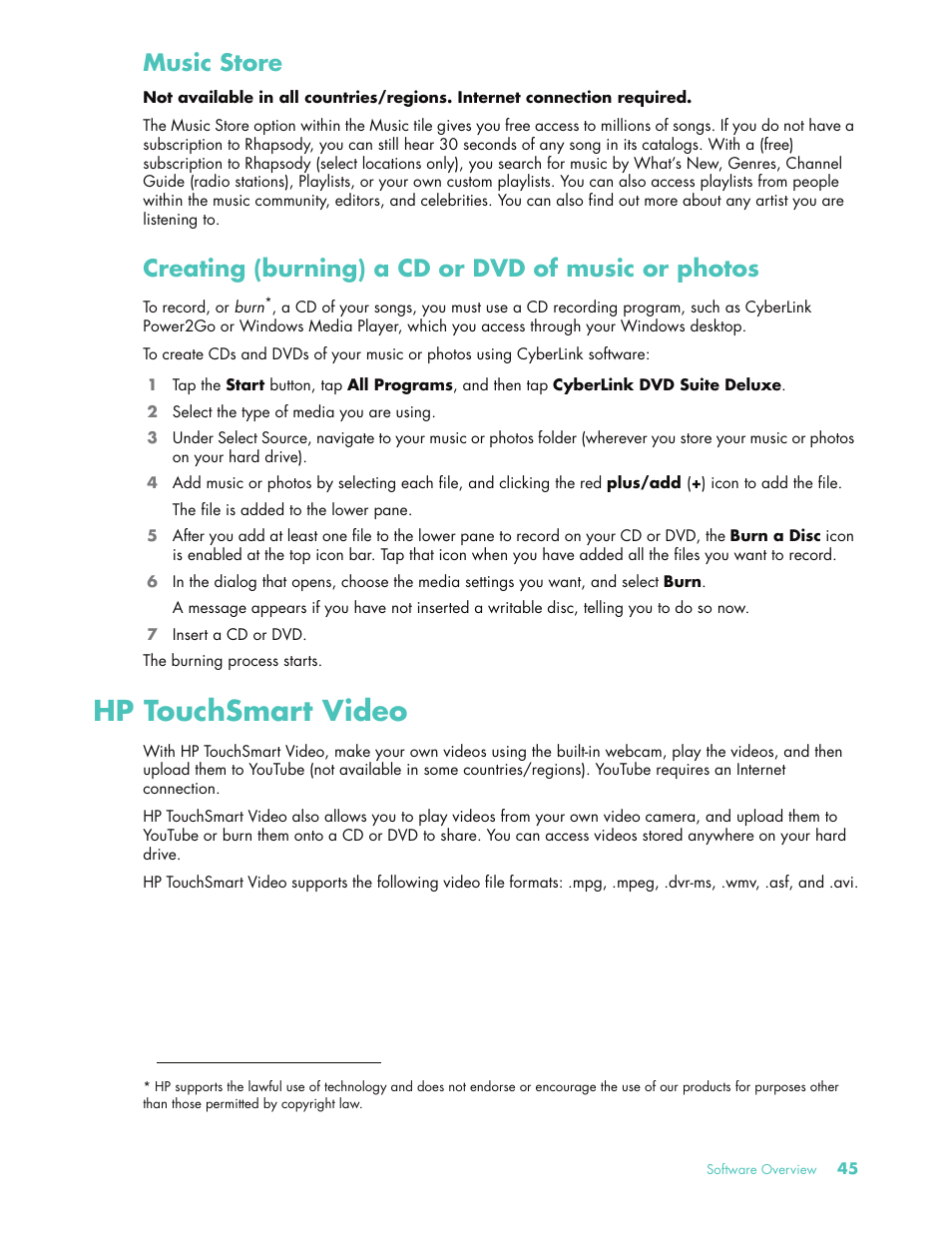 Music store, Creating (burning) a cd or dvd of music or photos, Hp touchsmart video | HP 575611-001 User Manual | Page 51 / 76