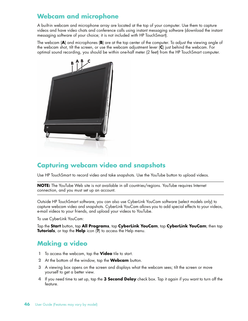 Webcam and microphone, Capturing webcam video and snapshots, Making a video | HP 575611-001 User Manual | Page 52 / 76