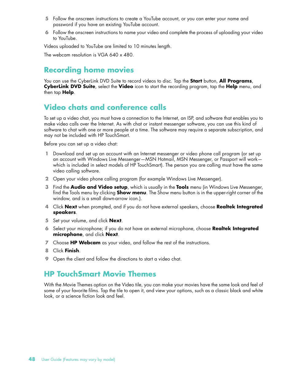 Recording home movies, Video chats and conference calls, Hp touchsmart movie themes | HP 575611-001 User Manual | Page 54 / 76