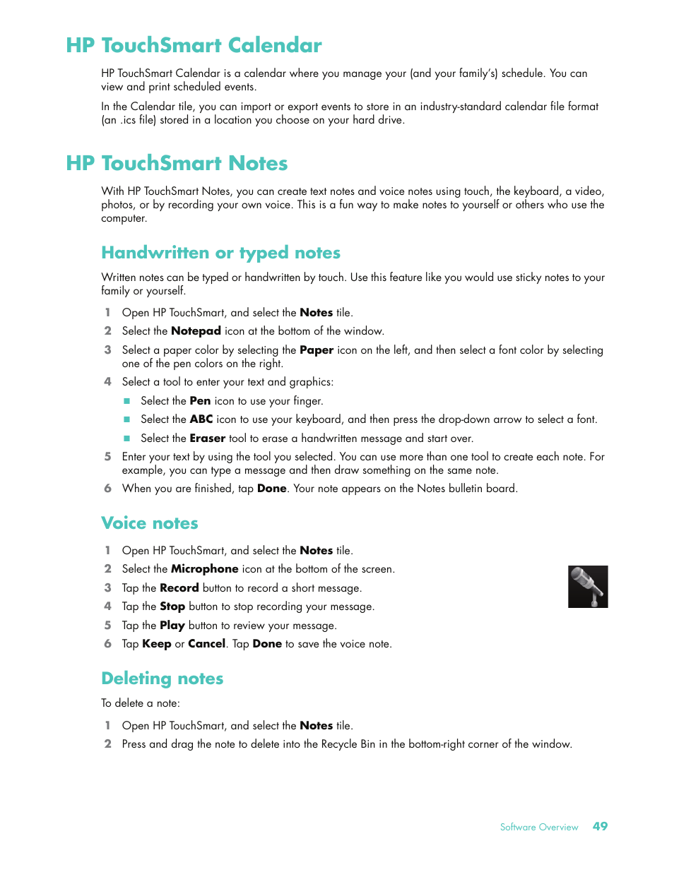 Hp touchsmart calendar, Hp touchsmart notes, Handwritten or typed notes | Voice notes, Deleting notes, Hp touchsmart calendar hp touchsmart notes | HP 575611-001 User Manual | Page 55 / 76