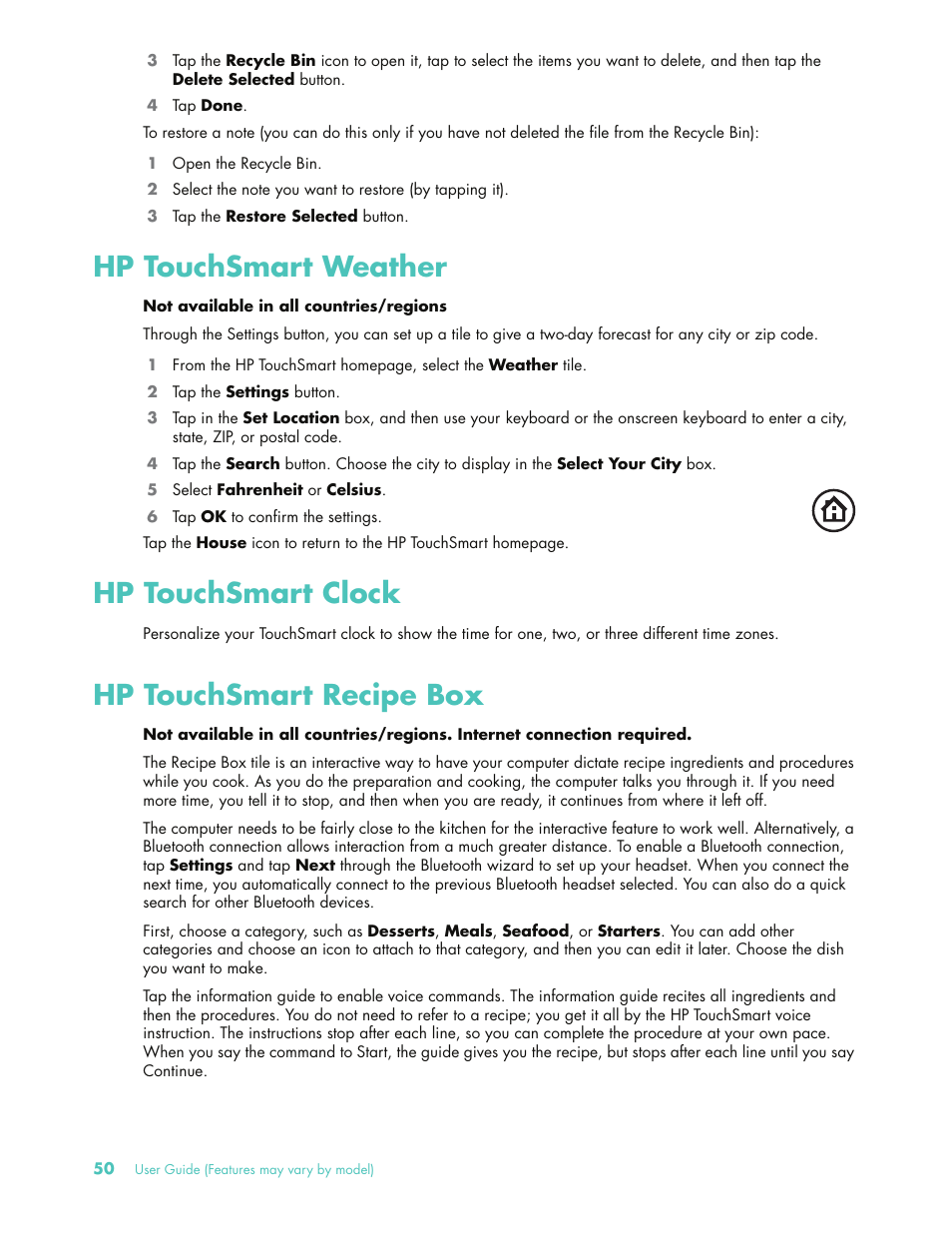 Hp touchsmart weather, Hp touchsmart clock, Hp touchsmart recipe box | HP 575611-001 User Manual | Page 56 / 76