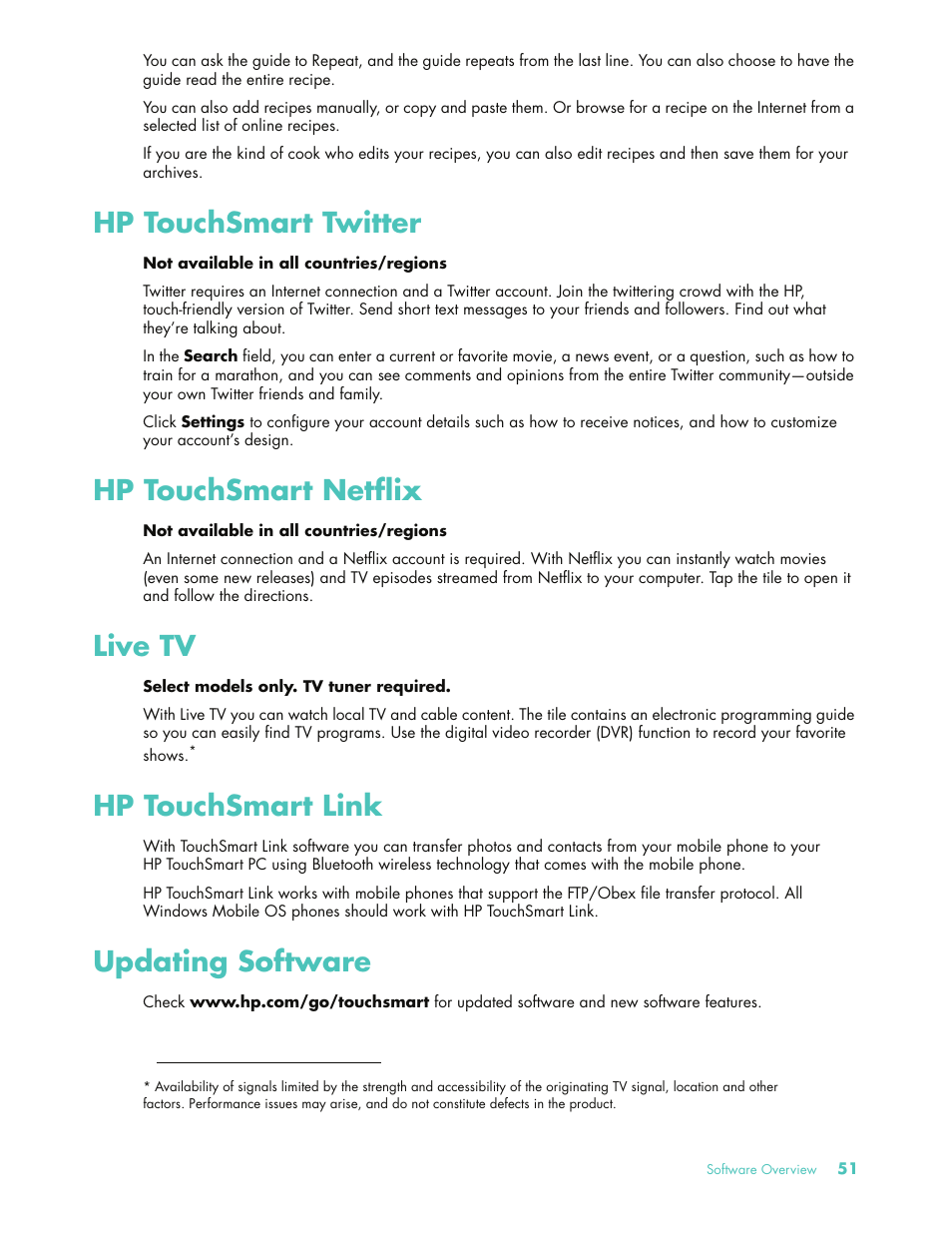 Hp touchsmart twitter, Hp touchsmart netflix, Live tv | Hp touchsmart link, Updating software | HP 575611-001 User Manual | Page 57 / 76