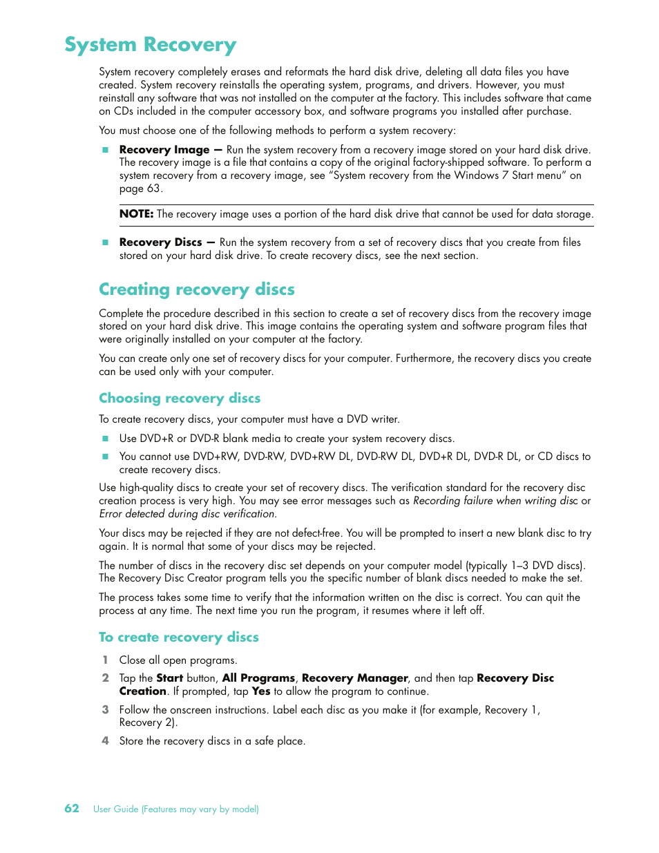 System recovery, Creating recovery discs | HP 575611-001 User Manual | Page 68 / 76