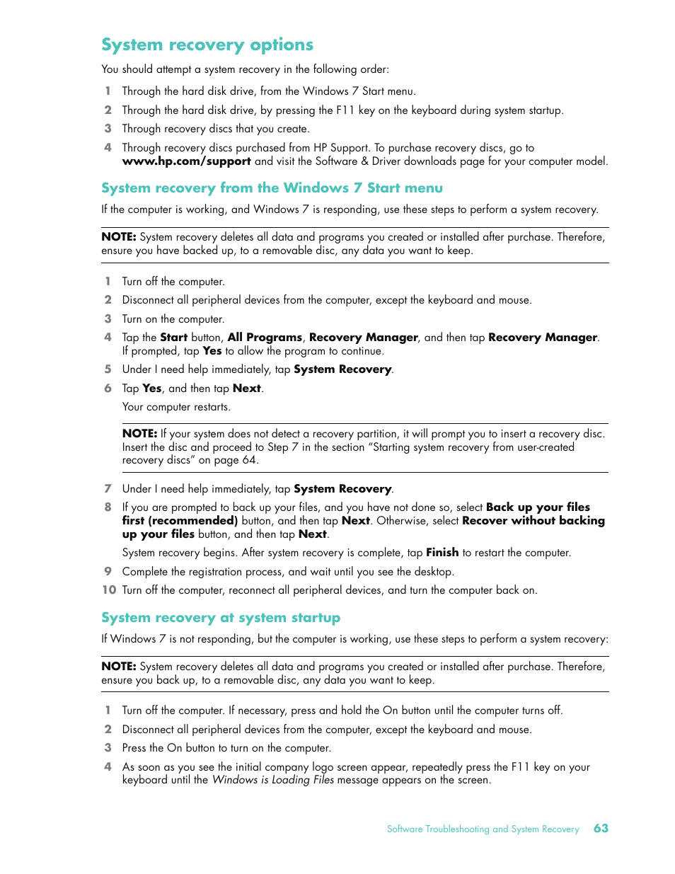 System recovery options | HP 575611-001 User Manual | Page 69 / 76