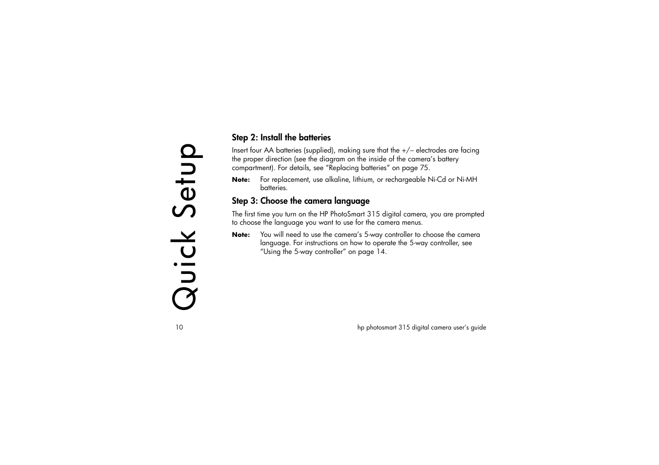 Step 2: install the batteries, Step 3: choose the camera language, Quick setup | HP 315 User Manual | Page 10 / 112