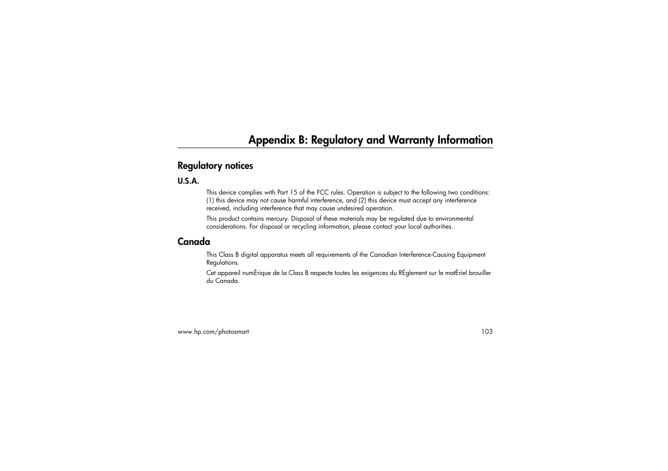 Appendix b: regulatory and warranty information, Regulatory notices, U.s.a | Canada | HP 315 User Manual | Page 103 / 112