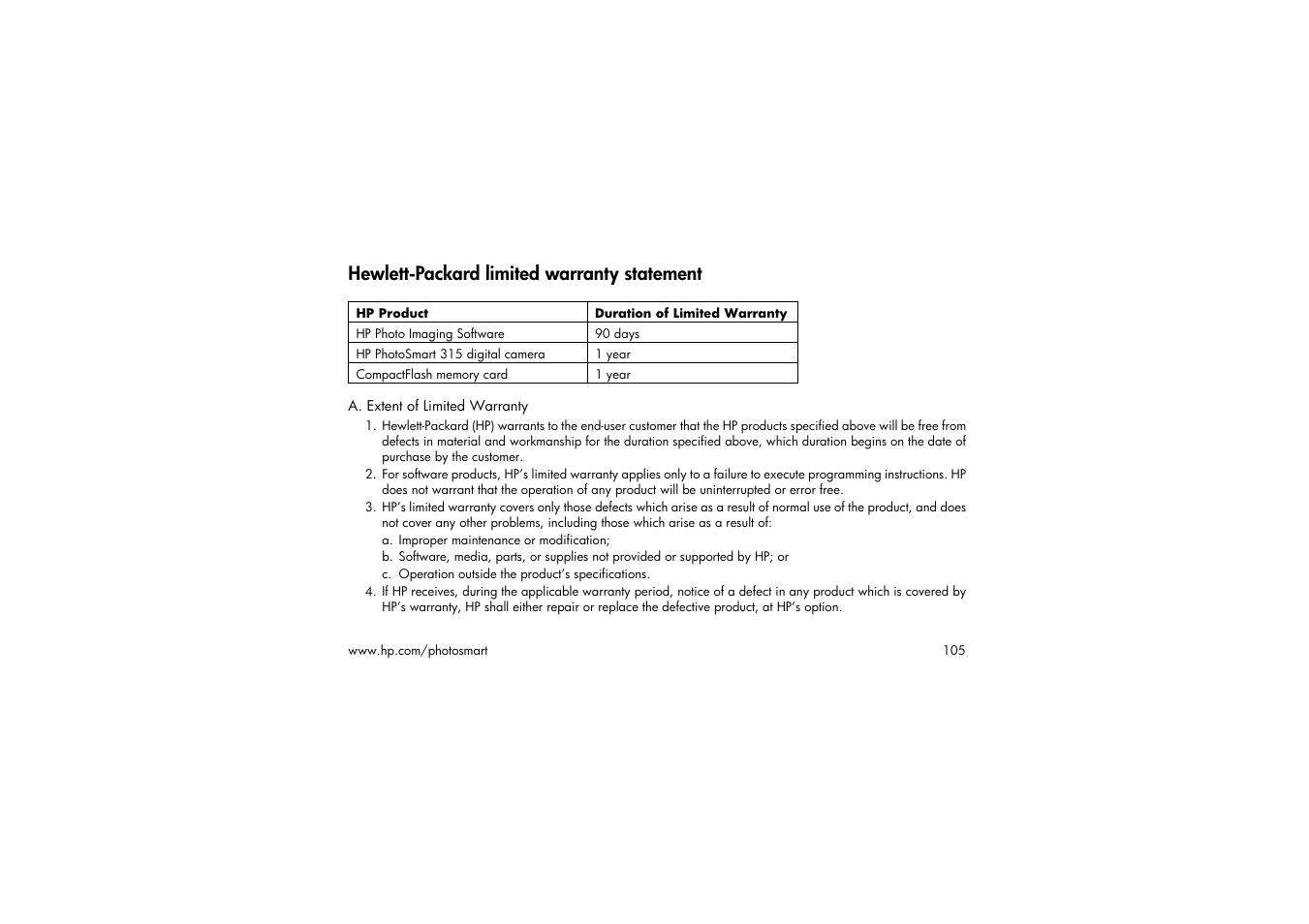 Hewlett-packard limited warranty statement | HP 315 User Manual | Page 105 / 112