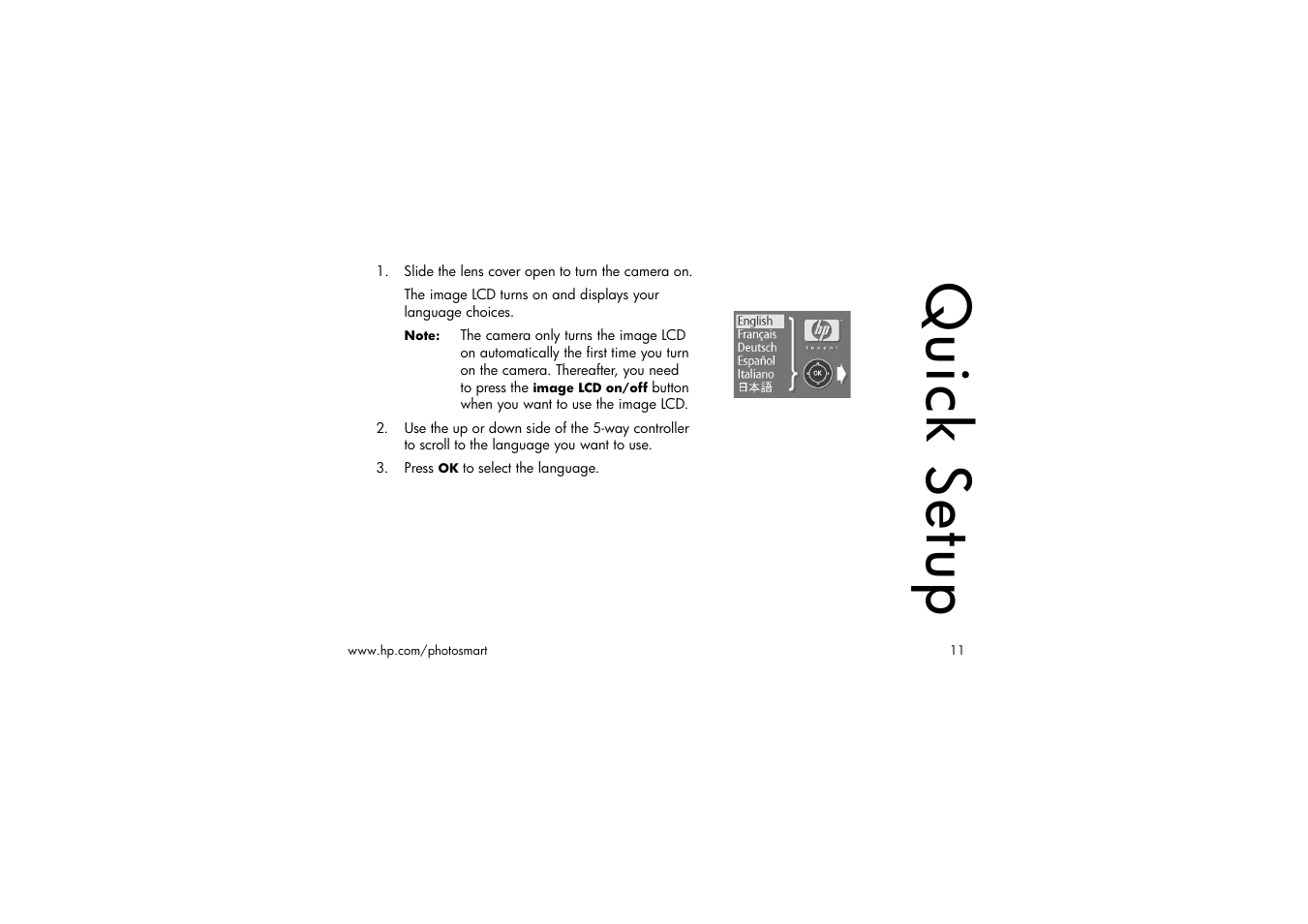 Slide the lens cover open to turn the camera on, Press ok to select the language, Quick setup | HP 315 User Manual | Page 11 / 112