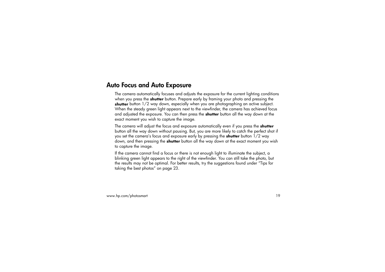 Auto focus and auto exposure | HP 315 User Manual | Page 19 / 112