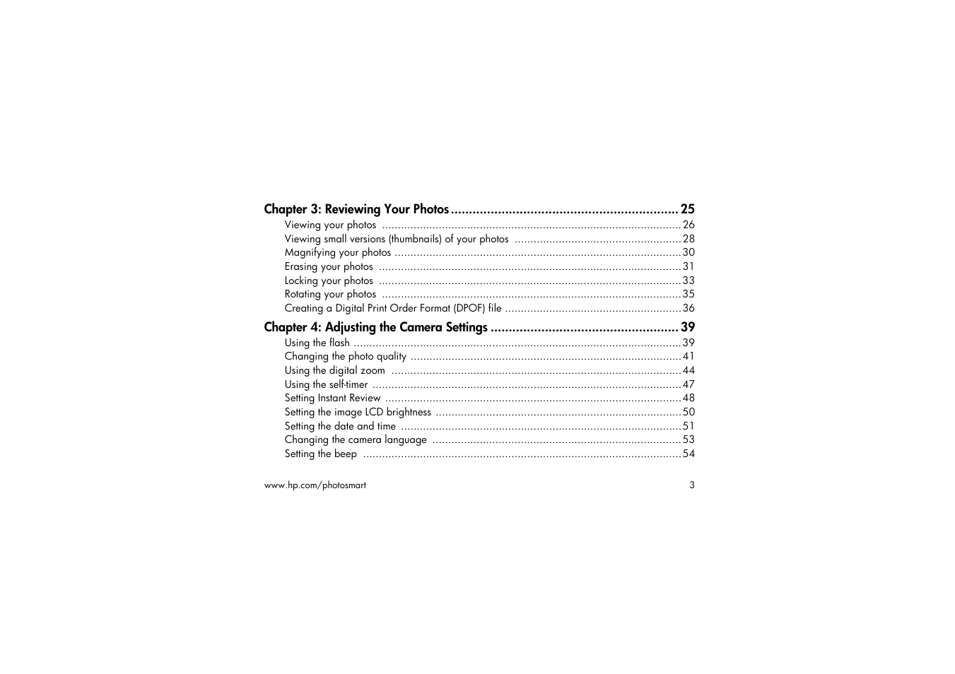 Chapter 3: reviewing your photos 25, Chapter 4: adjusting the camera settings 39 | HP 315 User Manual | Page 3 / 112