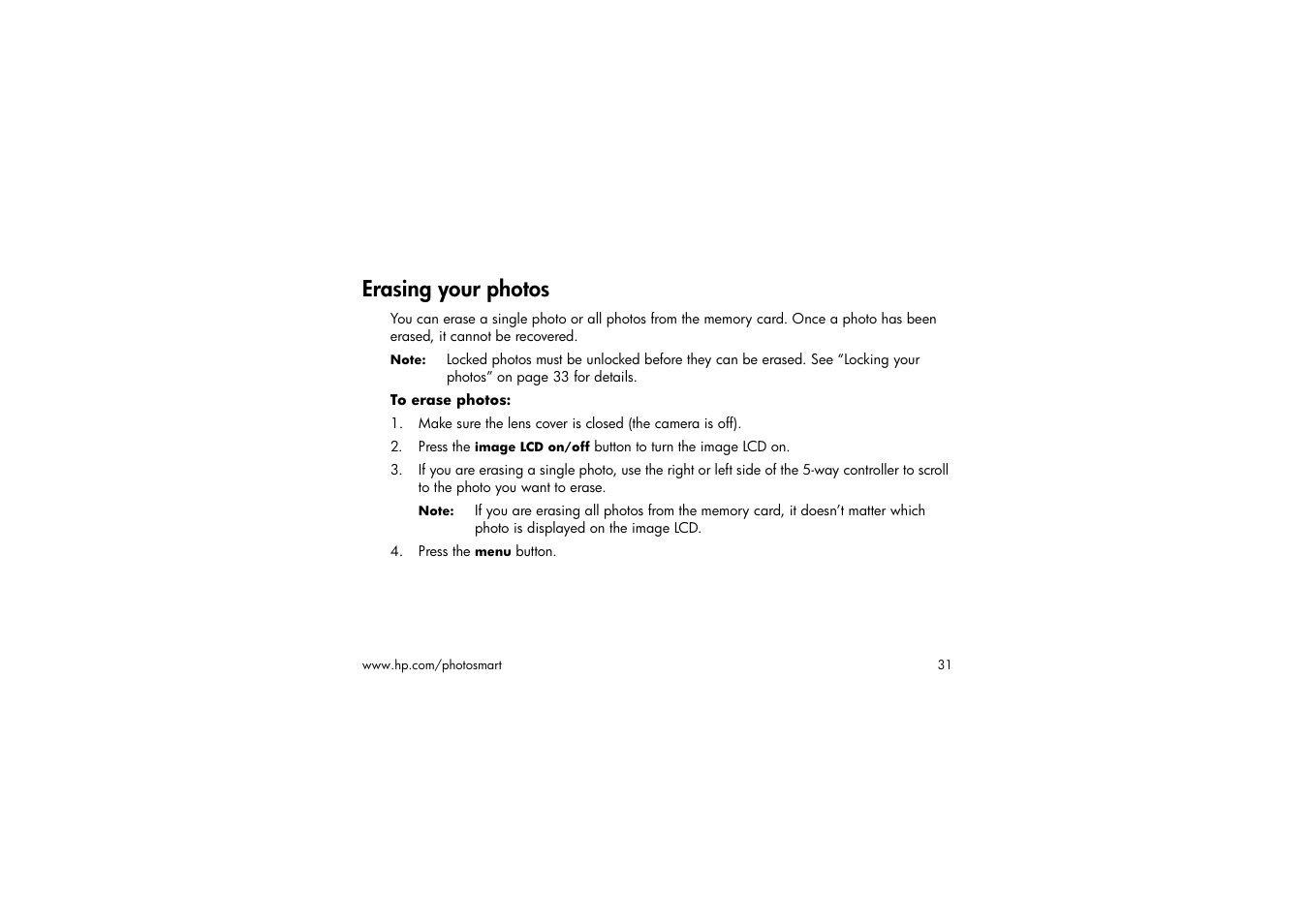 Erasing your photos, To erase photos, Press the menu button | HP 315 User Manual | Page 31 / 112