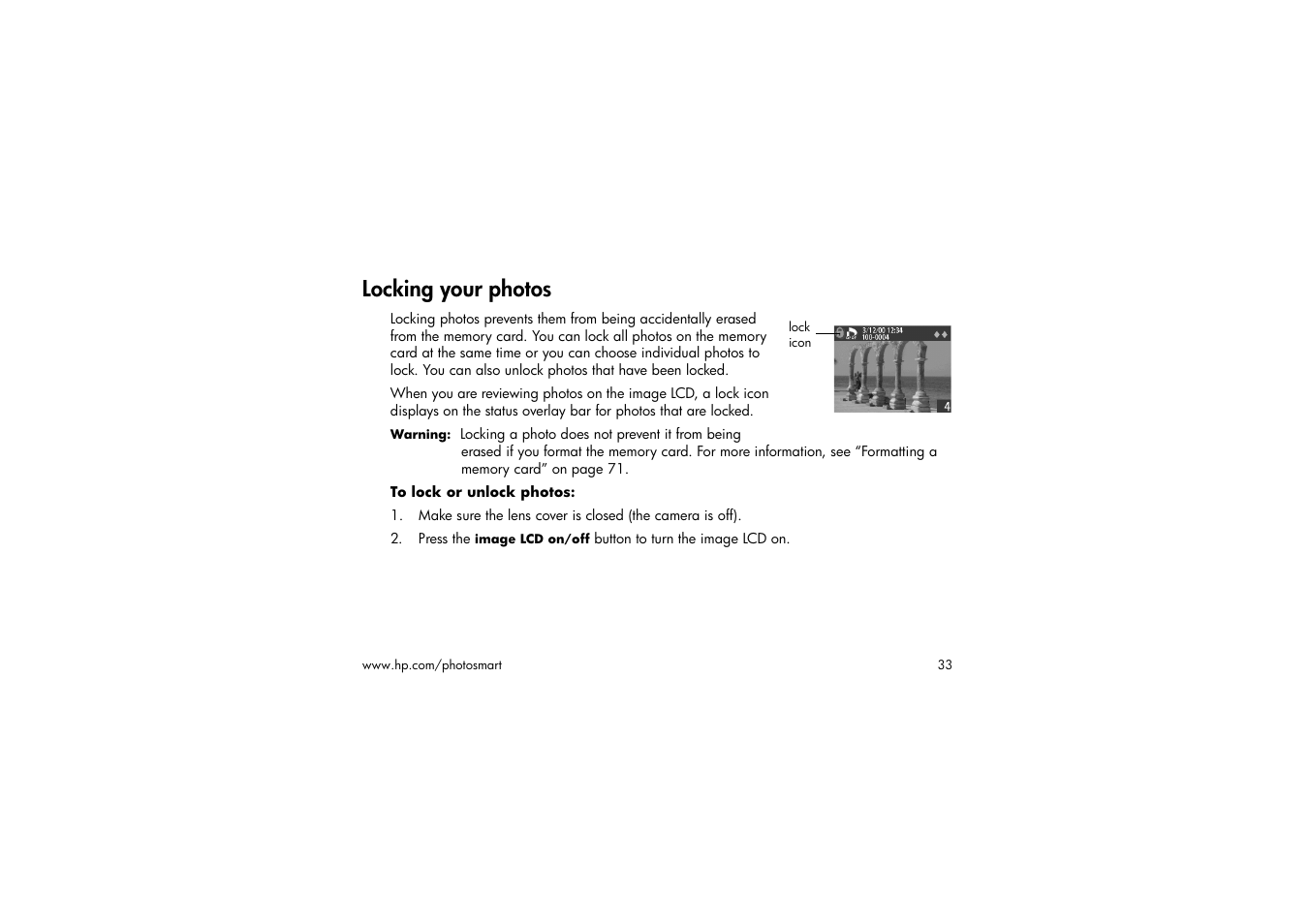 Locking your photos, To lock or unlock photos | HP 315 User Manual | Page 33 / 112