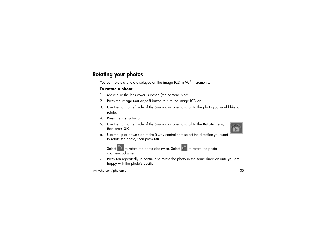 Rotating your photos, To rotate a photo, Press the menu button | HP 315 User Manual | Page 35 / 112