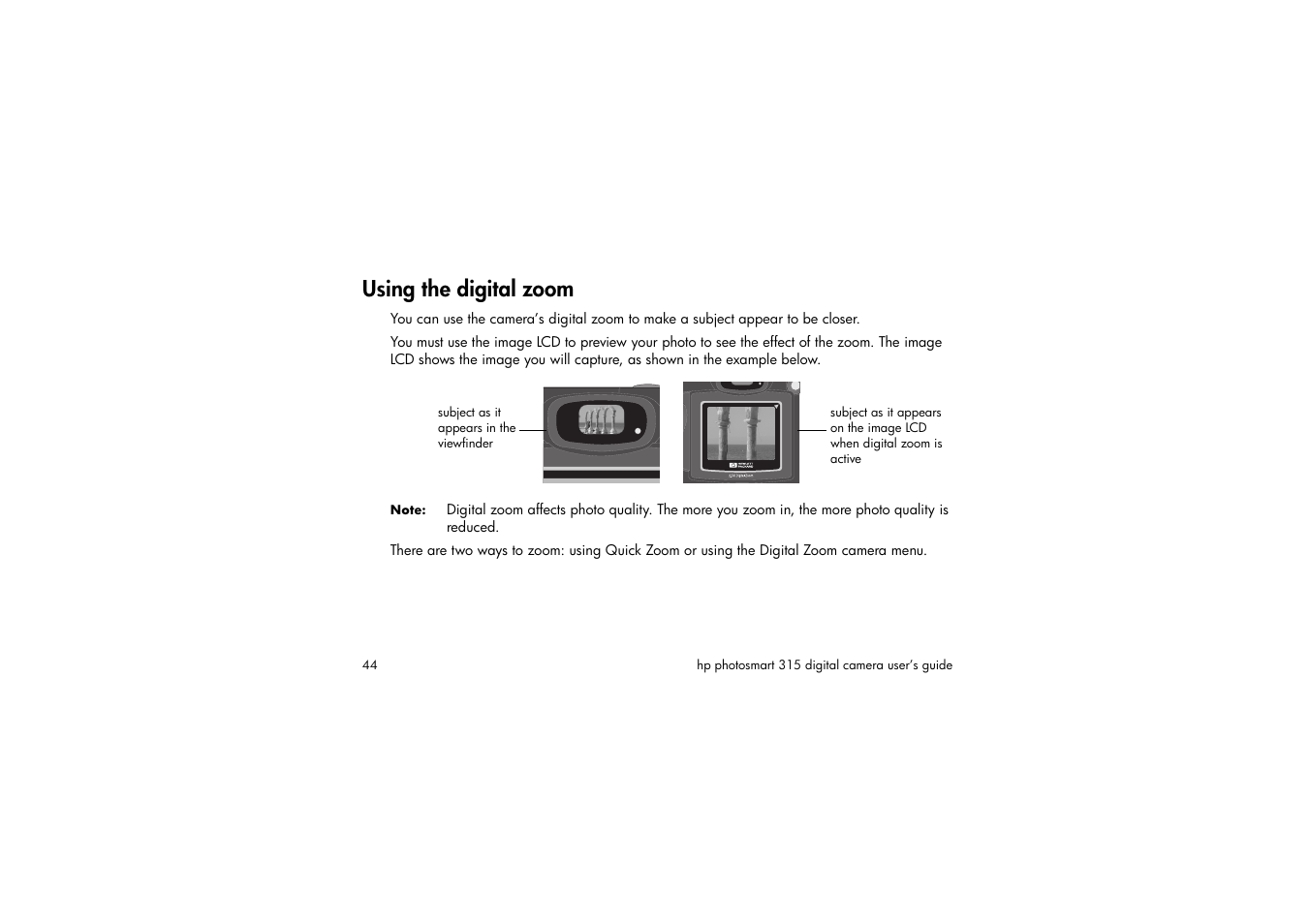 Using the digital zoom | HP 315 User Manual | Page 44 / 112