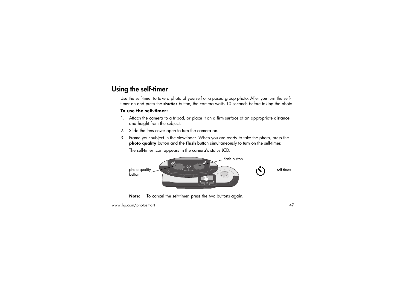 Using the self-timer, To use the self-timer, Slide the lens cover open to turn the camera on | HP 315 User Manual | Page 47 / 112