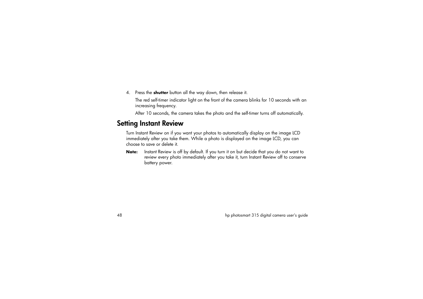 Setting instant review | HP 315 User Manual | Page 48 / 112
