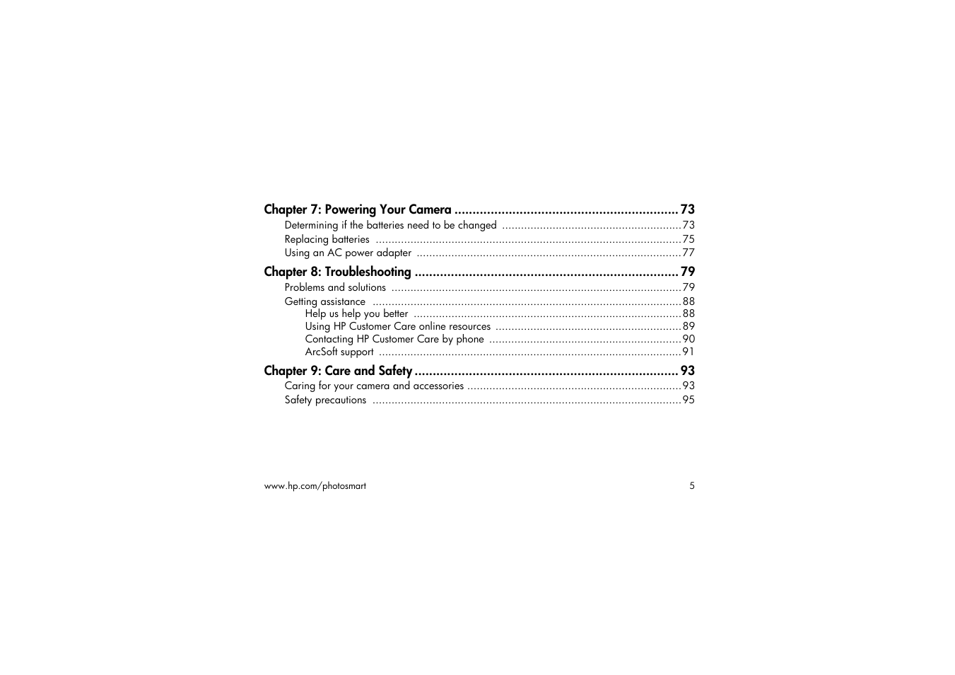 Chapter 7: powering your camera 73, Chapter 8: troubleshooting 79, Chapter 9: care and safety 93 | HP 315 User Manual | Page 5 / 112