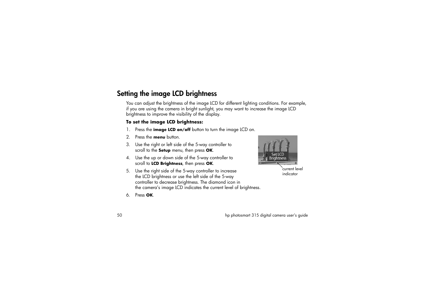 Setting the image lcd brightness, To set the image lcd brightness, Press the menu button | Press ok | HP 315 User Manual | Page 50 / 112