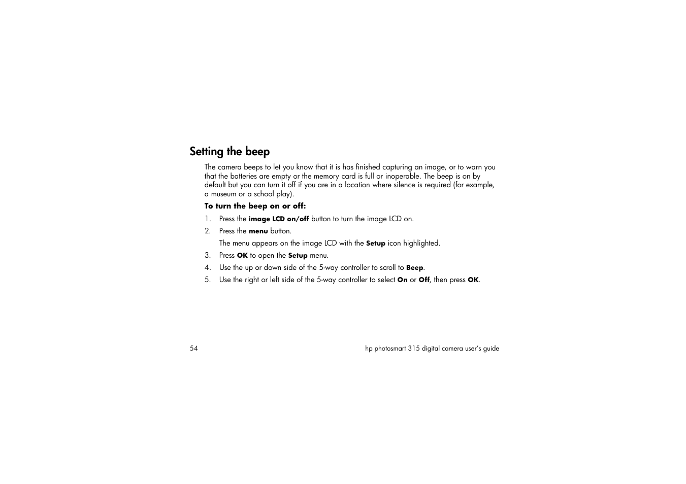 Setting the beep, To turn the beep on or off, Press the menu button | Press ok to open the setup menu | HP 315 User Manual | Page 54 / 112