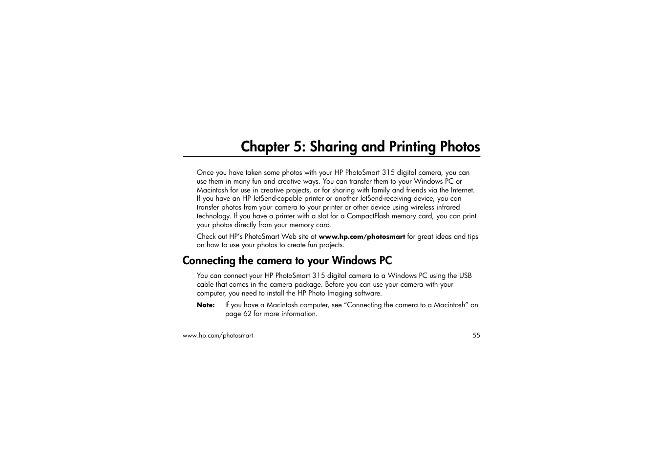 Chapter 5: sharing and printing photos, Connecting the camera to your windows pc | HP 315 User Manual | Page 55 / 112