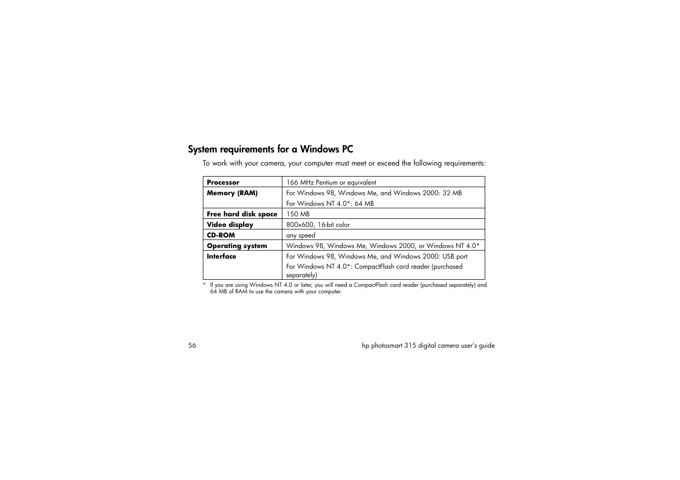 System requirements for a windows pc | HP 315 User Manual | Page 56 / 112