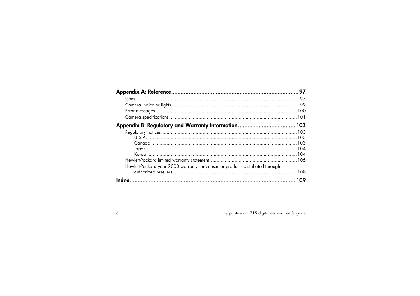 Appendix a: reference 97, Index 109 | HP 315 User Manual | Page 6 / 112