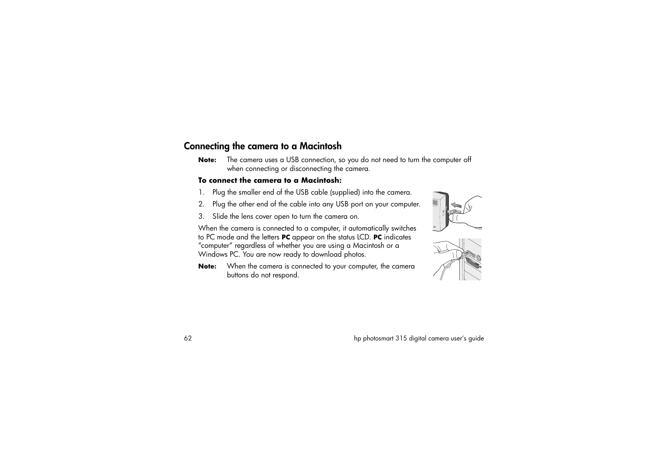 Connecting the camera to a macintosh, To connect the camera to a macintosh, Slide the lens cover open to turn the camera on | HP 315 User Manual | Page 62 / 112