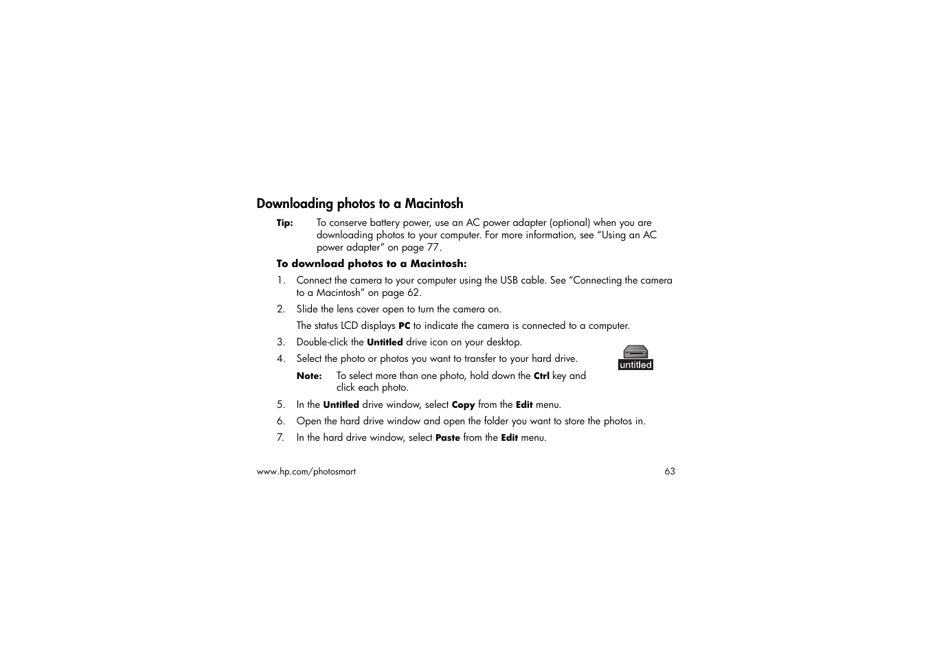 Downloading photos to a macintosh, To download photos to a macintosh, Slide the lens cover open to turn the camera on | HP 315 User Manual | Page 63 / 112