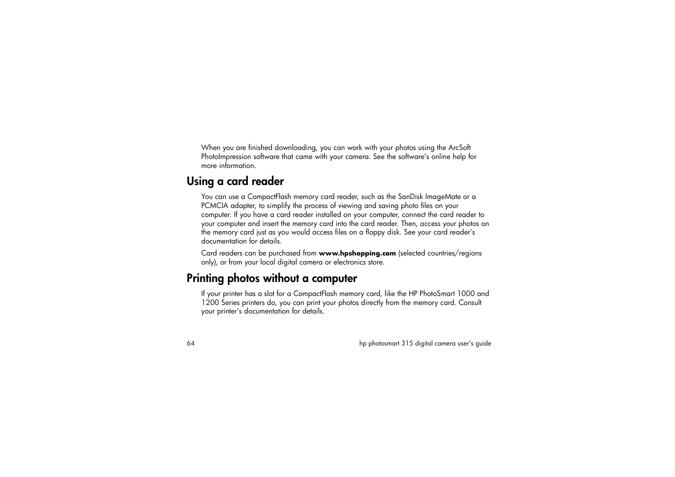 Using a card reader, Printing photos without a computer | HP 315 User Manual | Page 64 / 112