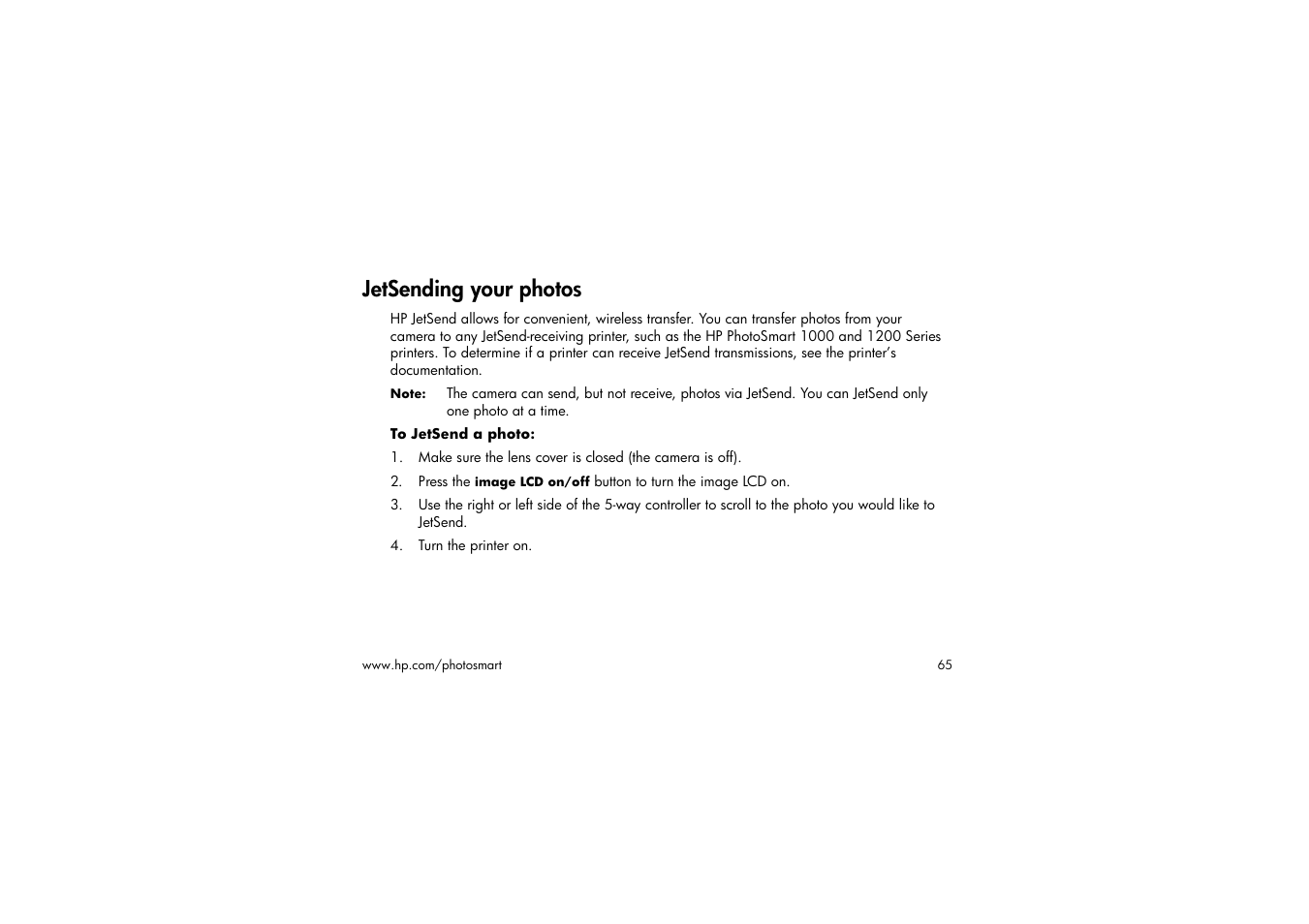 Jetsending your photos, To jetsend a photo, Turn the printer on | HP 315 User Manual | Page 65 / 112