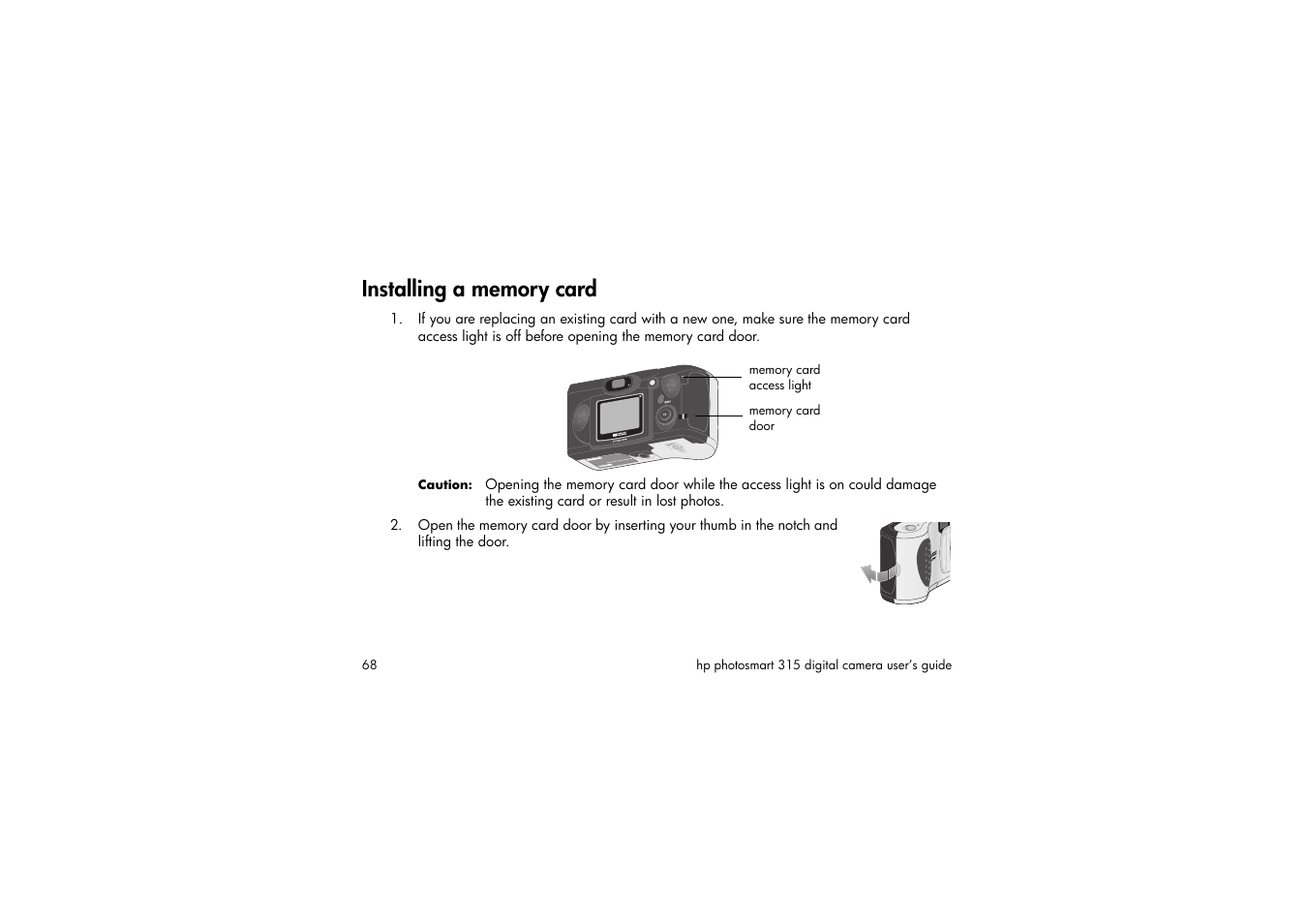 Installing a memory card | HP 315 User Manual | Page 68 / 112