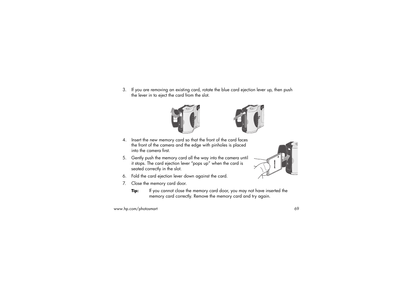 Fold the card ejection lever down against the card, Close the memory card door | HP 315 User Manual | Page 69 / 112