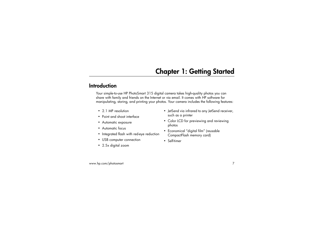 Chapter 1: getting started, Introduction | HP 315 User Manual | Page 7 / 112