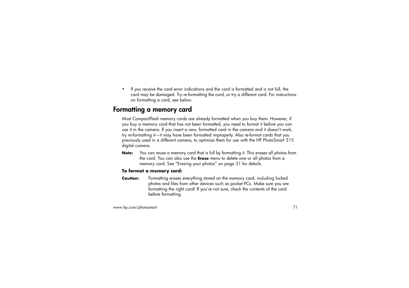 Formatting a memory card, To format a memory card | HP 315 User Manual | Page 71 / 112