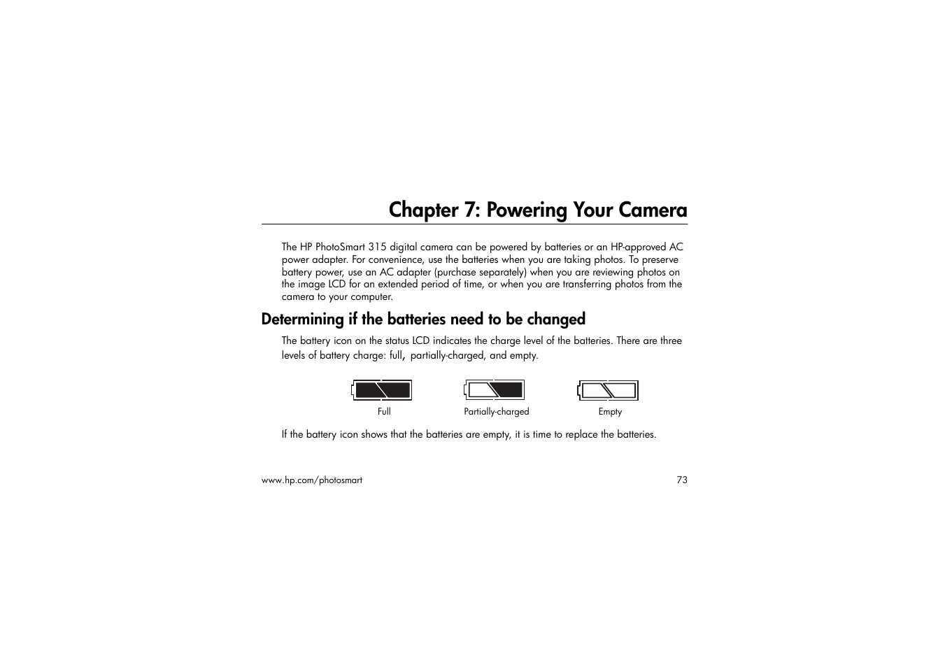 Chapter 7: powering your camera, Determining if the batteries need to be changed | HP 315 User Manual | Page 73 / 112