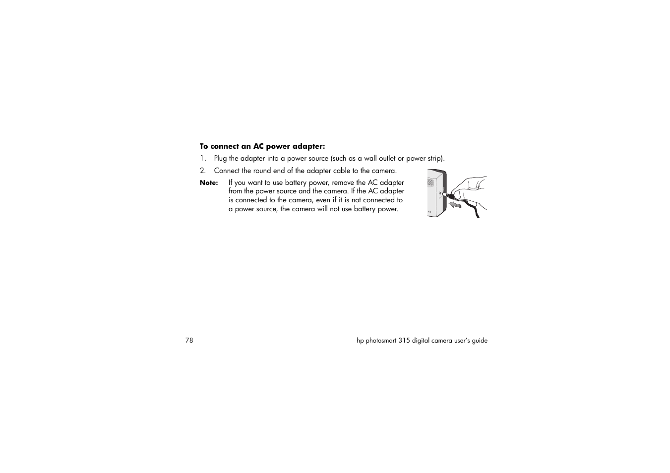 To connect an ac power adapter | HP 315 User Manual | Page 78 / 112