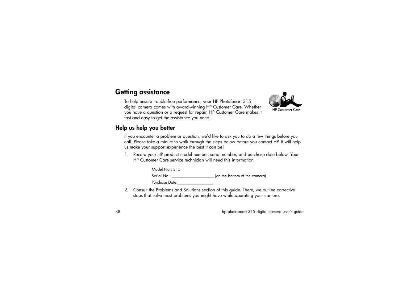 Getting assistance, Help us help you better | HP 315 User Manual | Page 88 / 112