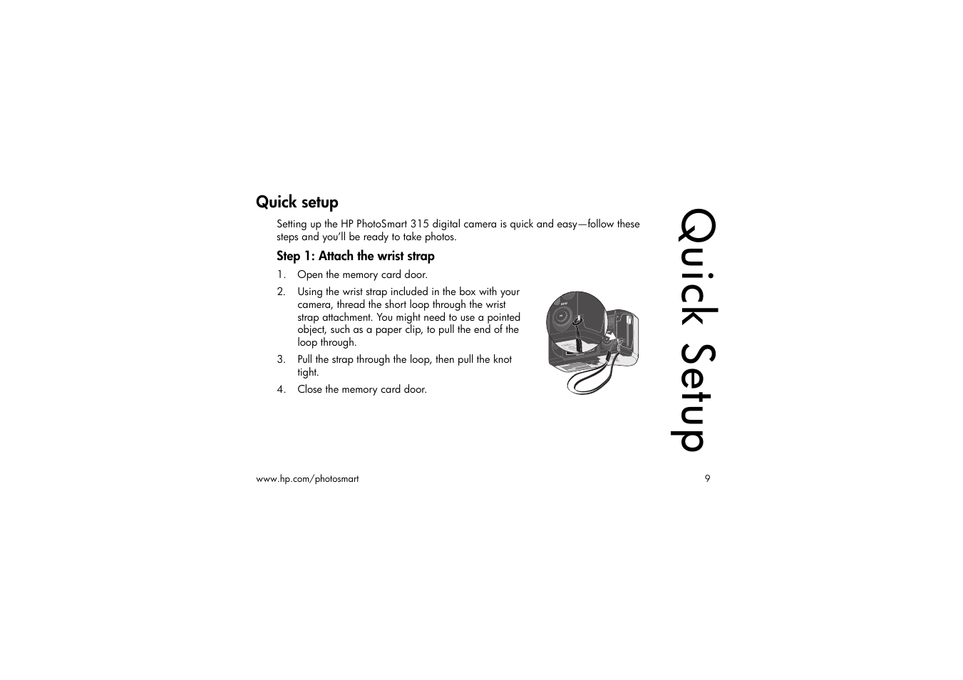 Quick setup, Step 1: attach the wrist strap, Open the memory card door | Close the memory card door | HP 315 User Manual | Page 9 / 112