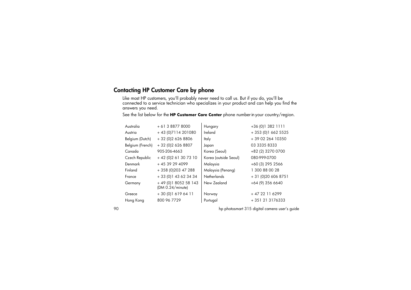 Contacting hp customer care by phone | HP 315 User Manual | Page 90 / 112