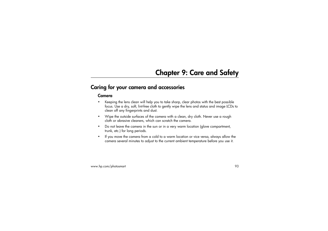 Chapter 9: care and safety, Caring for your camera and accessories, Camera | HP 315 User Manual | Page 93 / 112