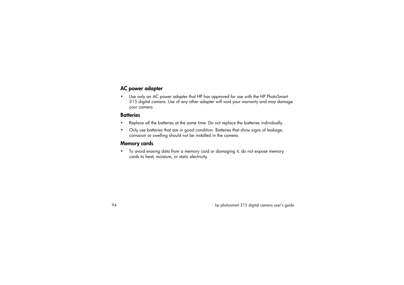 Ac power adapter, Batteries, Memory cards | HP 315 User Manual | Page 94 / 112