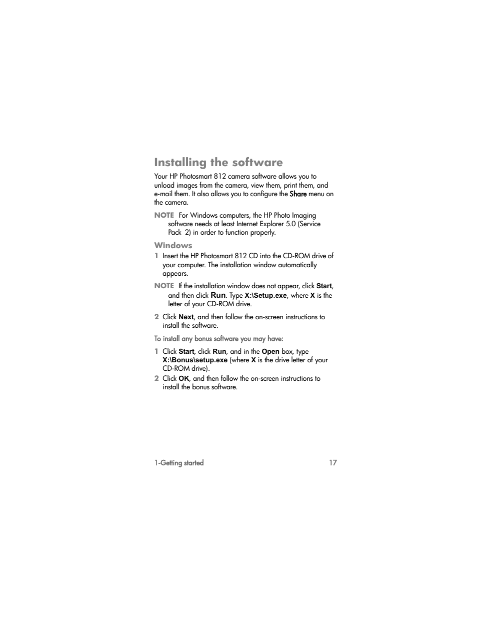 Installing the software, Windows | HP PhotoSmart 812 User Manual | Page 17 / 88