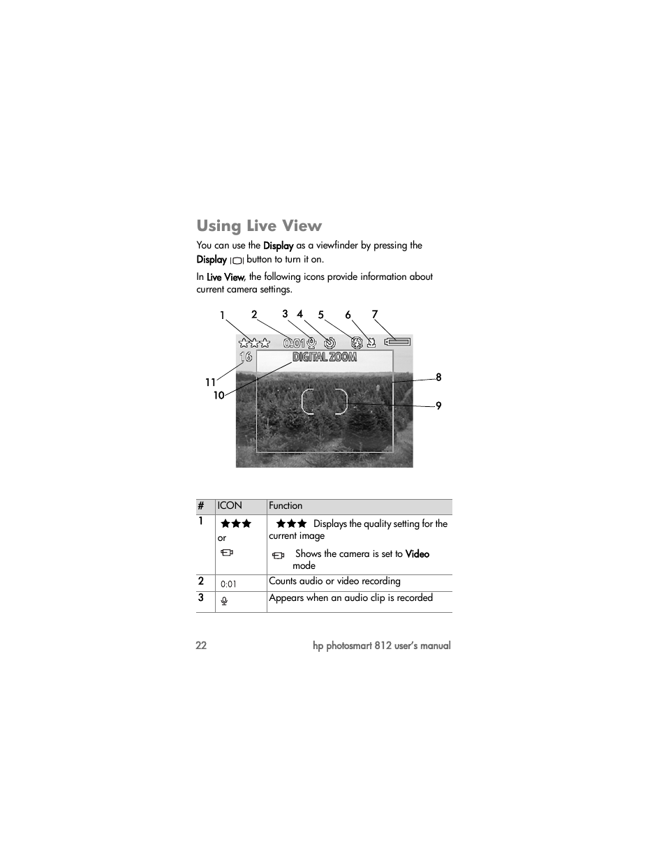 Using live view | HP PhotoSmart 812 User Manual | Page 22 / 88