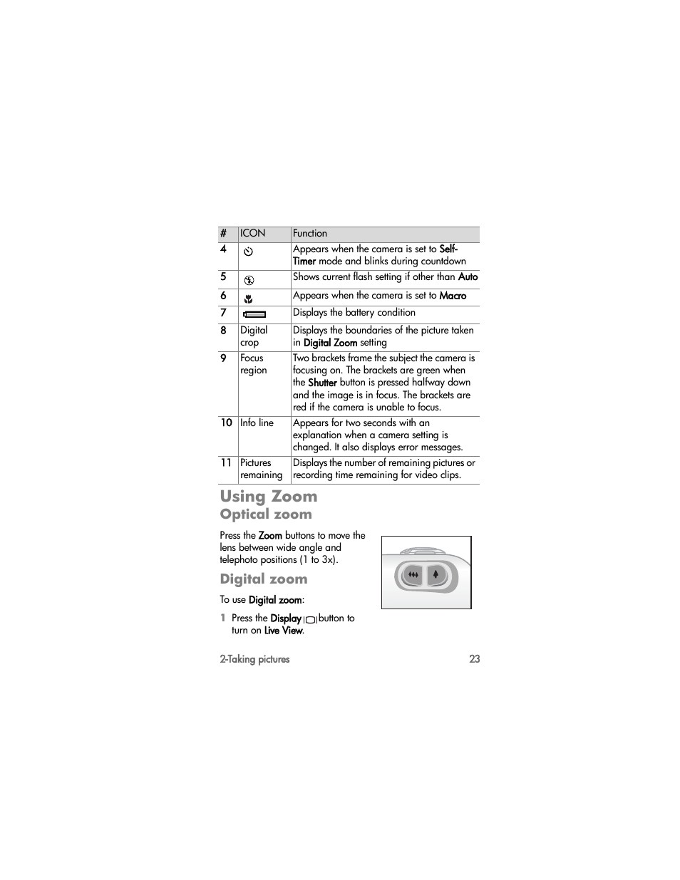 Using zoom, Optical zoom, Digital zoom | HP PhotoSmart 812 User Manual | Page 23 / 88